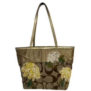 Coach Signature Metallic Gold Floral Appliqué Tote Bag